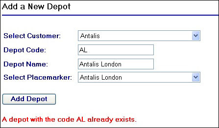 Depot Code Already Exists Error Message