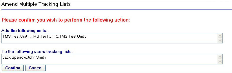 Amend Multiple Tracking Lists Confirmation Page