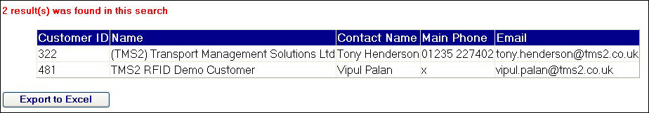 Customer Search Results